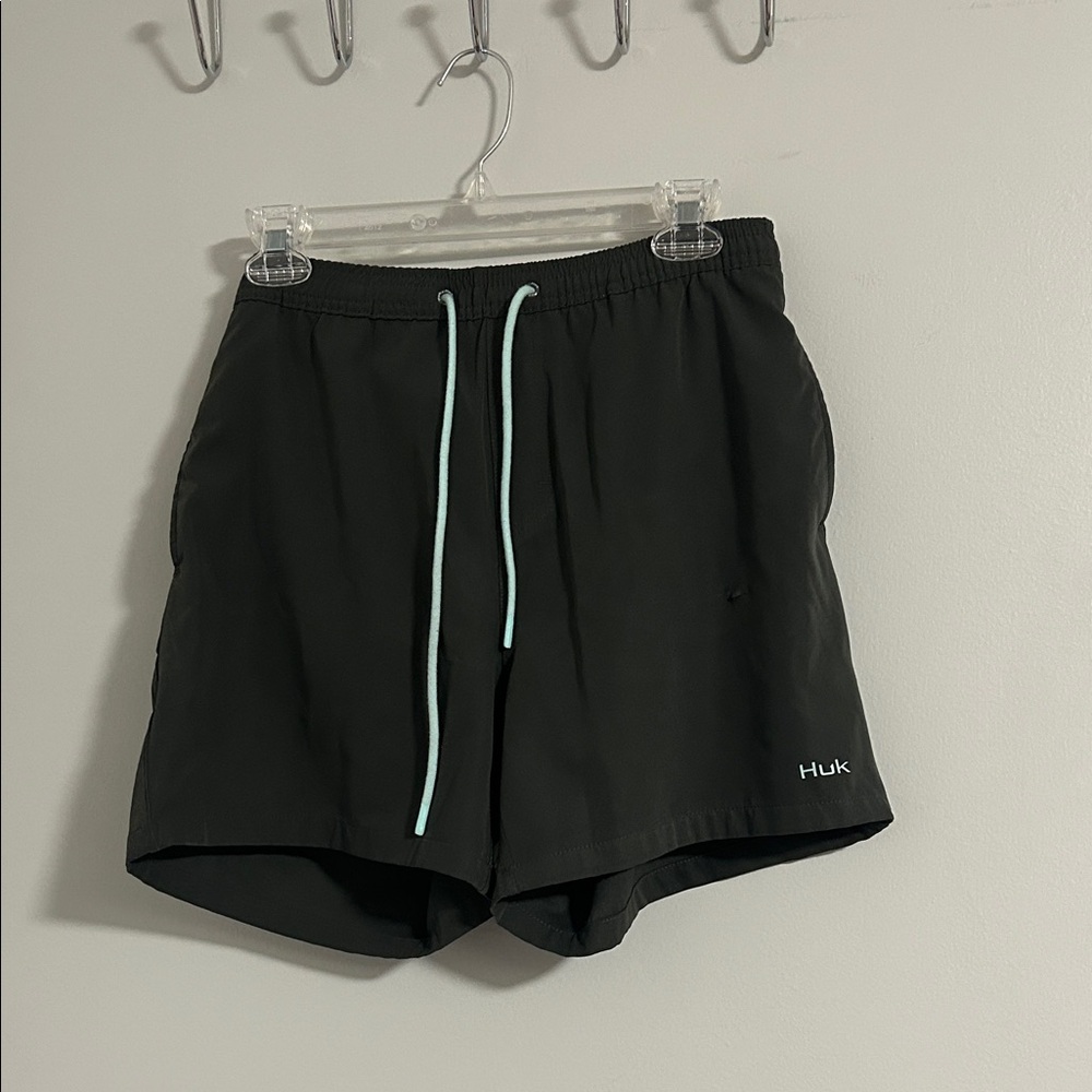 Huk Black Shorts with Aqua Drawstring